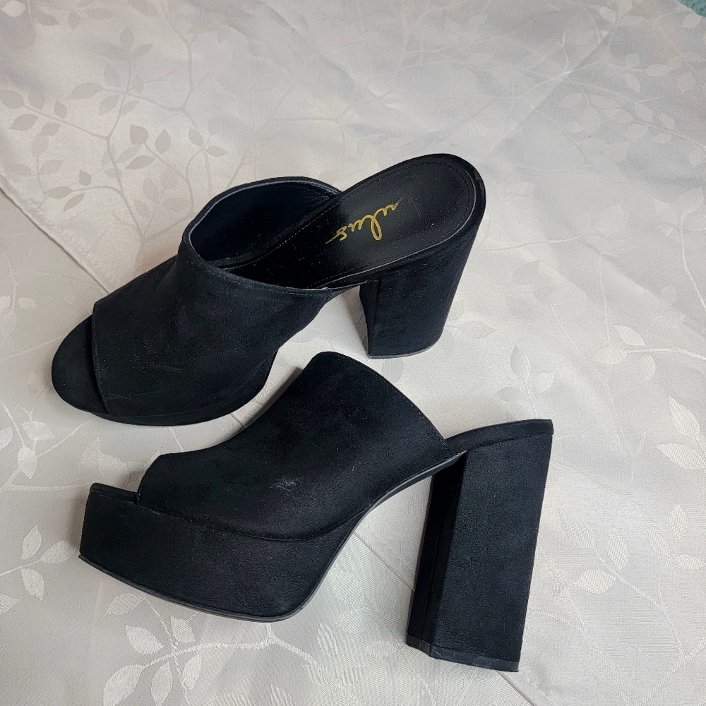 Lulu's Chandra Black Vegan Suede‎ Block Heels Platform Open Toe Slides Mules 8.5
